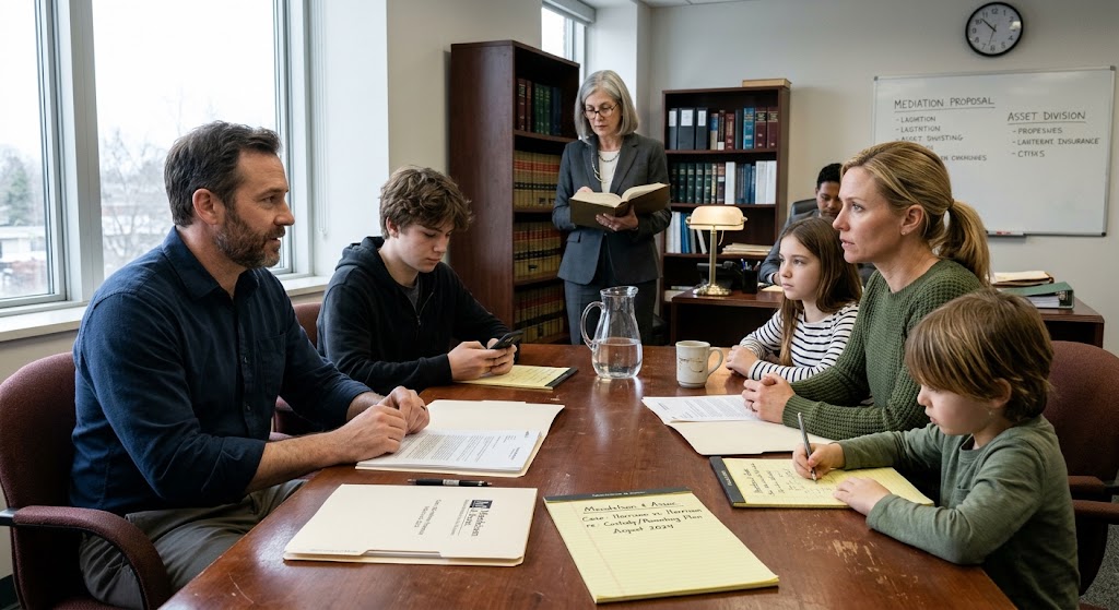 Spouses reviewing divorce documents with a lawyer in Tbilisi
